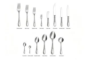 Complete Elizabeth 1803 stainless steel cutlery collection with classic beaded handle knives, forks and spoons